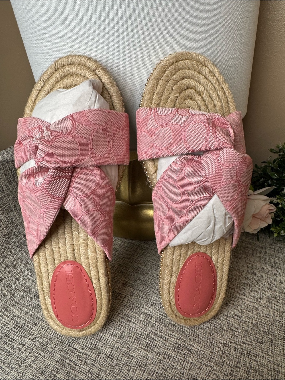 Coach Pink Jacquard Knotted Espadrille Slide Sandals